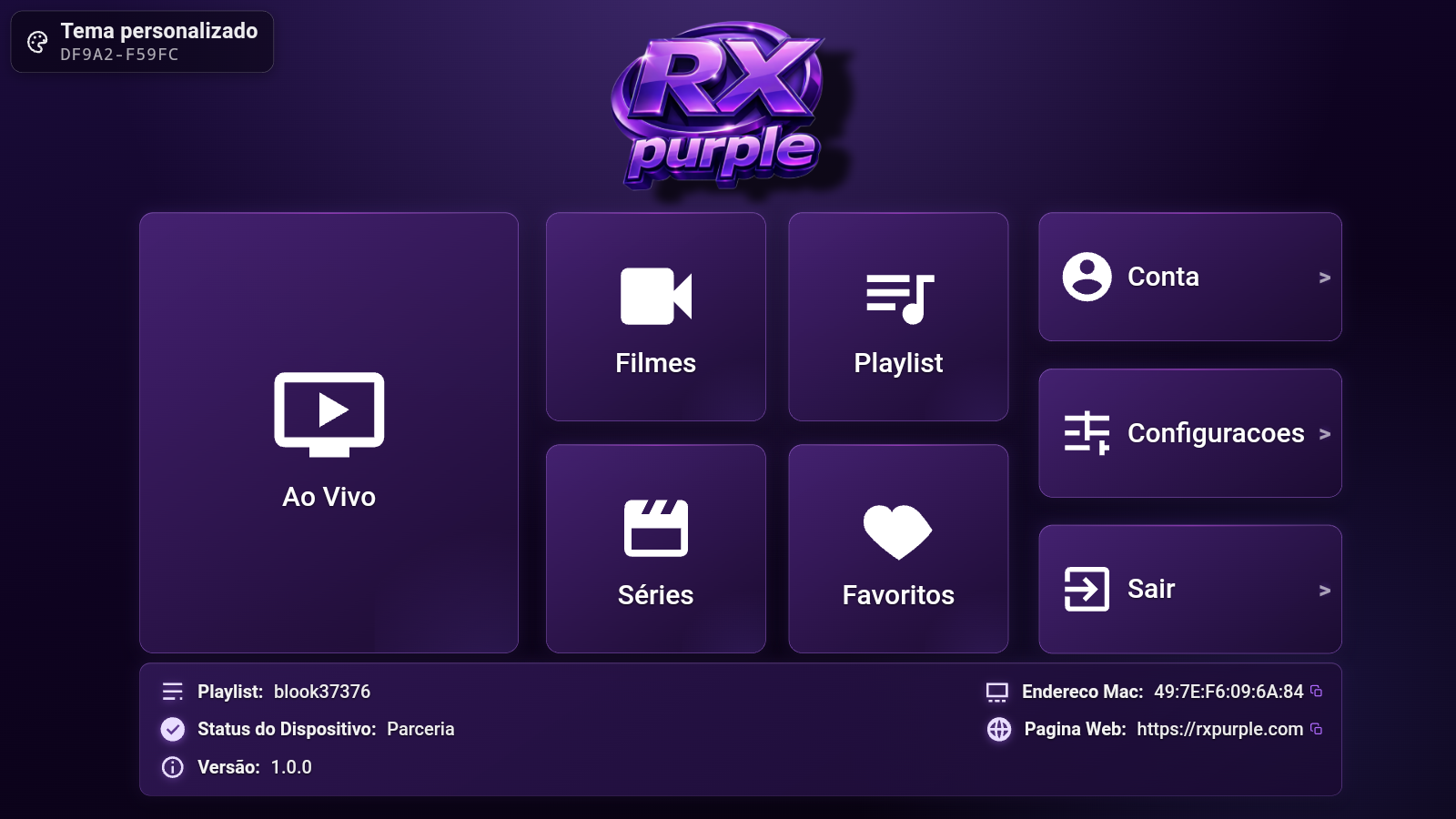 Tela do aplicativo RX PURPLE (APP PARCEIRO)