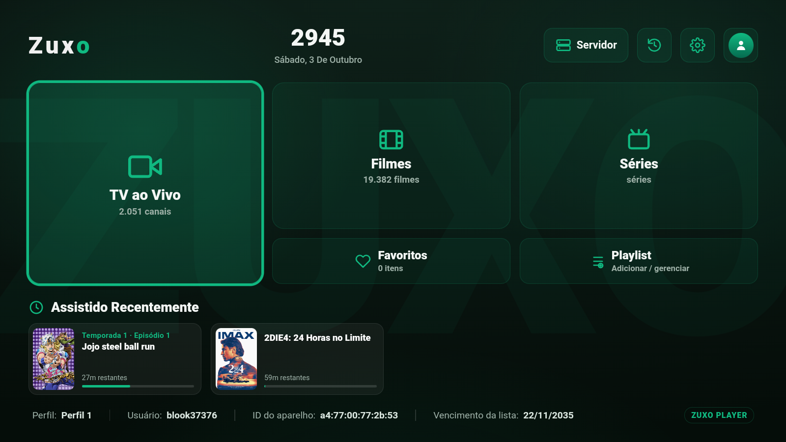 Tela do aplicativo ZUXO PLAYER (APP PARCEIRO)